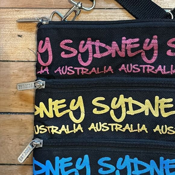 Black and Rainbow Print Sydney Australia Multi Zipper Travel Crossbody Bag - Picture 2 of 7